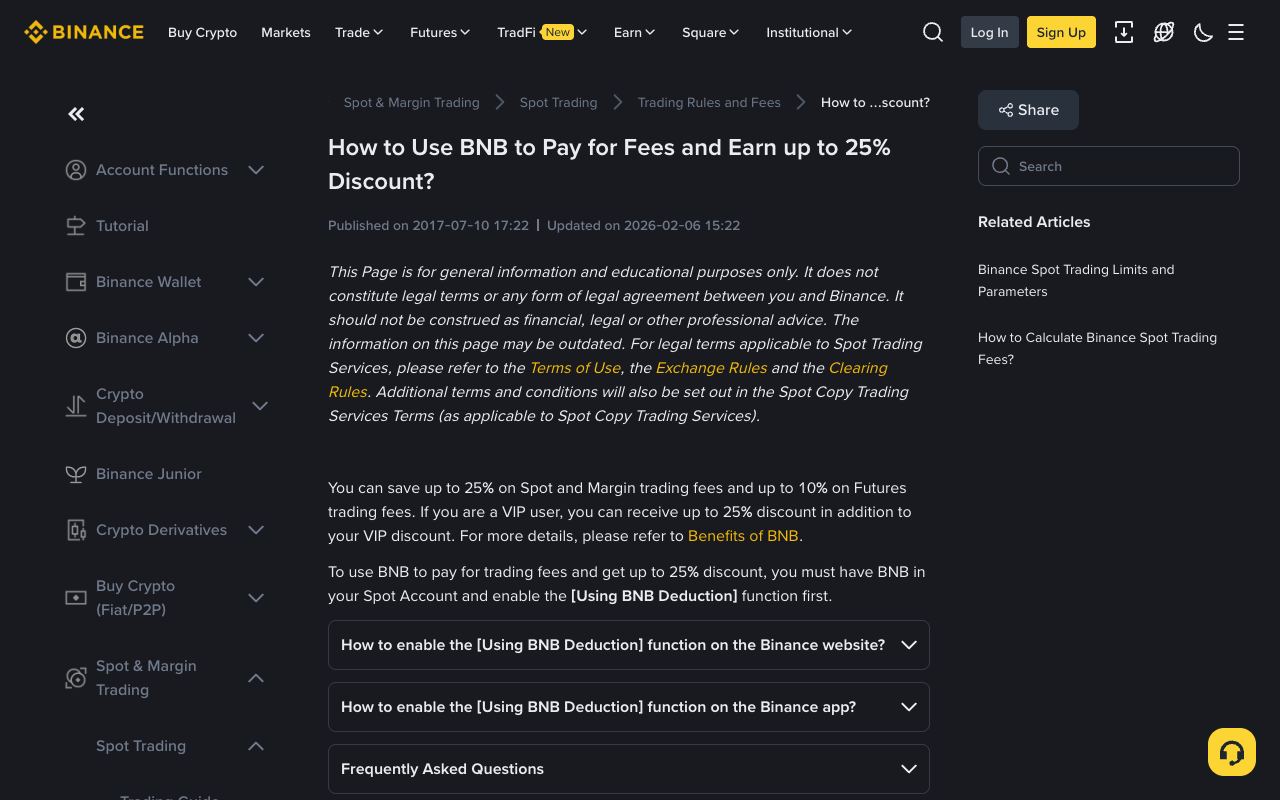币安帮助文章中网页版与 App 开启 BNB 抵扣的步骤说明