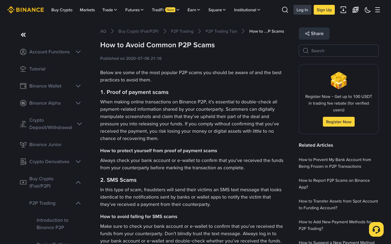 币安帮助中心“How to Avoid Common P2P Scams”页面，列出假付款凭证、短信诈骗、退单、中间人、三角骗局和冒充客服等类型