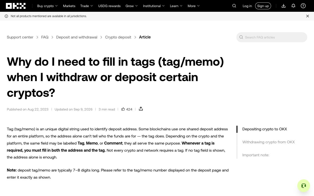 欧易帮助文章中“有些区块链整个平台共用一个充值地址，Tag/Memo/Comment 作用相同”的说明段落
