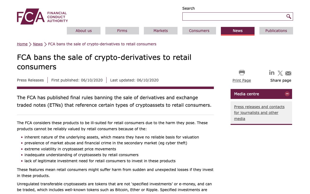 英国 FCA 新闻稿“FCA bans the sale of crypto-derivatives to retail consumers”，说明 2021 年 1 月 6 日起禁止向散户销售加密衍生品