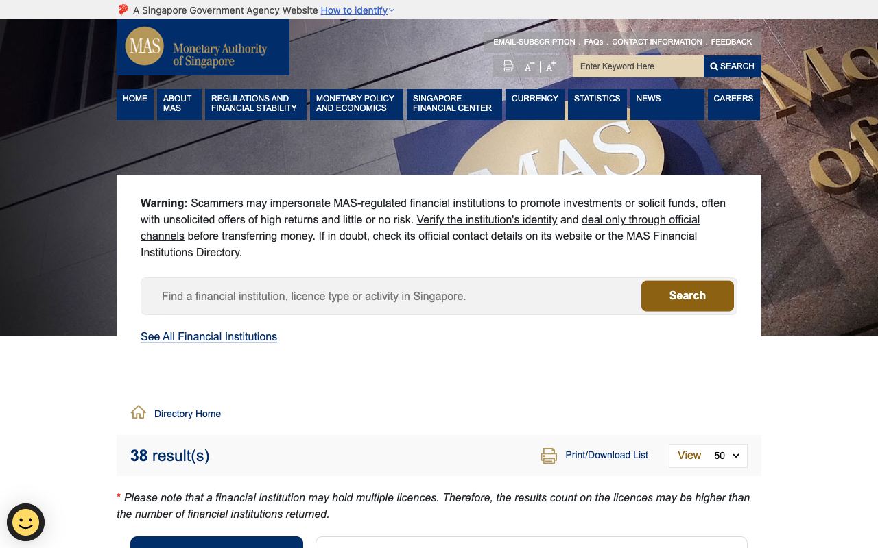 新加坡金管局金融机构名录，按“Payments / Major Payment Institution / Digital Payment Token Service”筛选后的结果列表