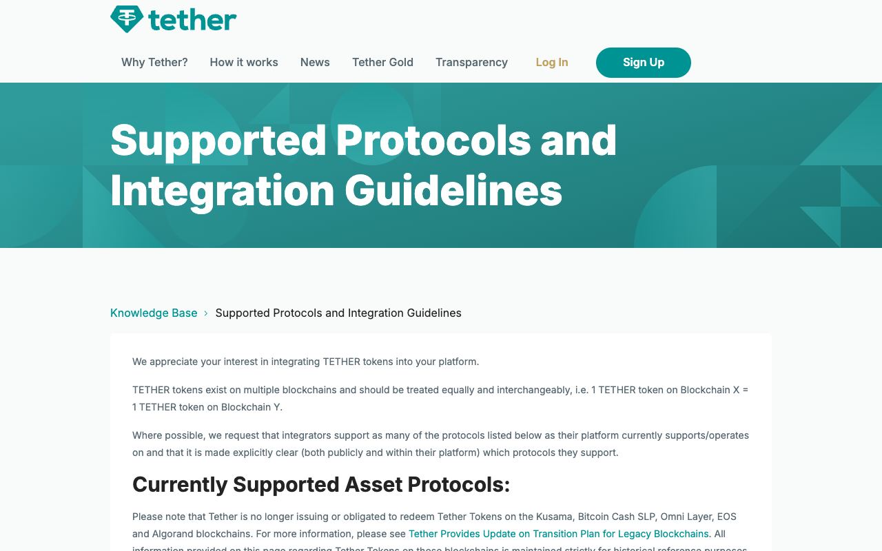Tether 官网“Currently Supported Asset Protocols”列表，展示 USD₮ 当前支持的区块链